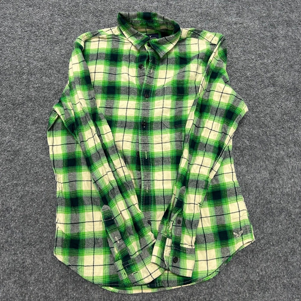 American Eagle Flannel Shirt Womens Size S Green Plaid Classic Fit Cotton Pocket